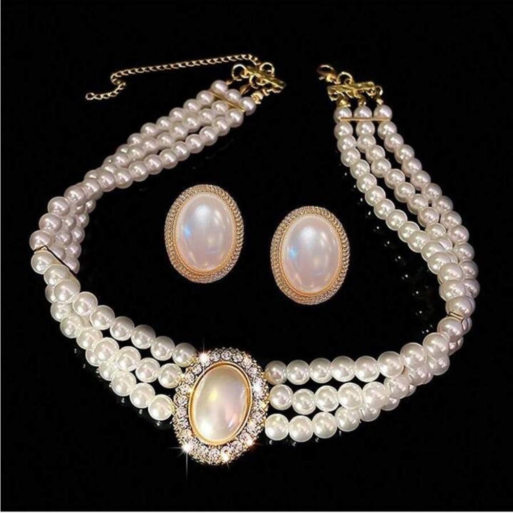 Faux Pearl Choker Necklace & Earrings Fashion Set - Picture 3 of 6